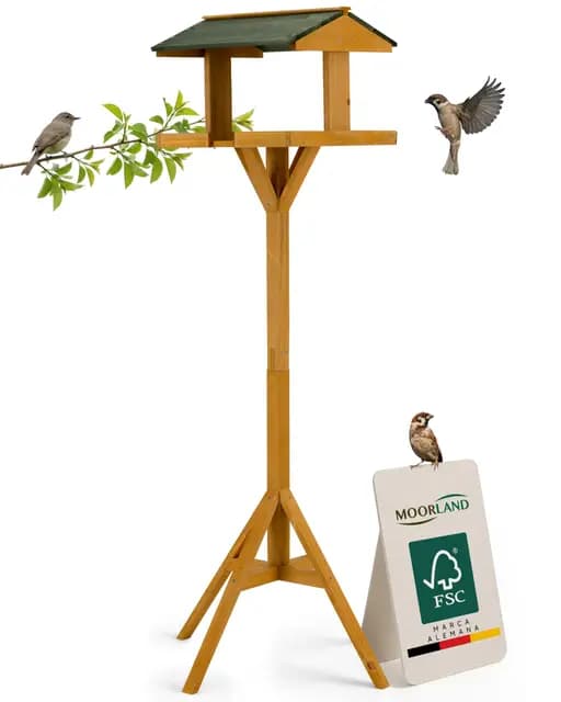 Moorland Casa para Pájaros Abierta con Soporte 116 cm – Comedero Grande de Madera de Abeto FSC – Color Madera Clara con Techo Verde – Kit de Montaje para Jardín y Terraza – Resistente – VH5