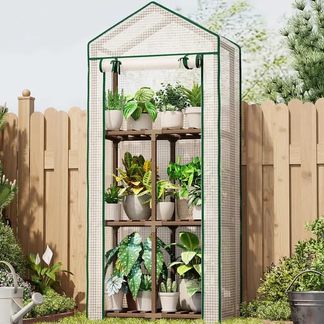 Bamworld Invernadero Exterior Invernadero Pequeño 3 Niveles Portátil y Reutilizable con Cubierta de PE para Jardín Terraza y Patio Protección Invernal para Plantas Marco de Eucalipto Robusto