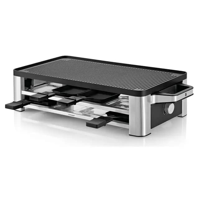 WMF Lono - Parrilla Raclette y grill, 1500 W, Parrillas Antiadherentes, 8 Espatulas y 8 Sartencitas, Apta para Crepes, Acero Cromargan