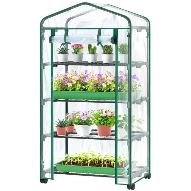 Ohuhu Invernadero pequeño Ruedas de Bloqueo, Invernadero con 4 estantes, para balcón, jardín, 69 x 48 x 162 cm, Transparente