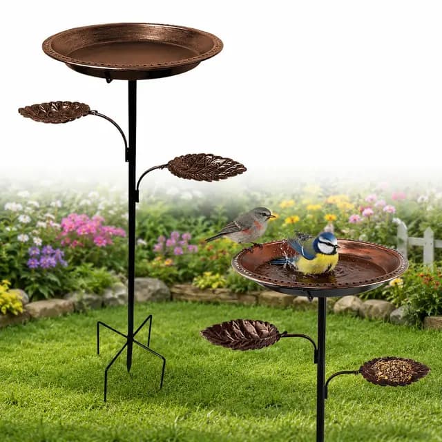 Baño para Pájaros de Metal con Soporte,2 en 1 Bebedero para Pájaros de Pie y Comedero, Bird Bath Vintage para Jardín, Baño para Pájaros con Estaca y Decoración Exterior para Balcón o Patio (Cobre)