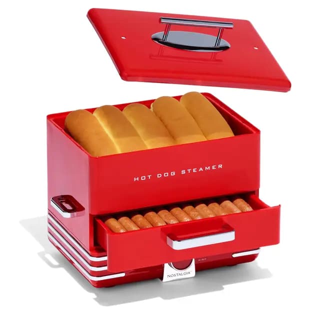 Nostalgia Vaporera extragrande estilo comedor 20 perros calientes y capacidad para 6 bollos, perfecto para salchichas de desayuno, mocosos, verduras, pescado
