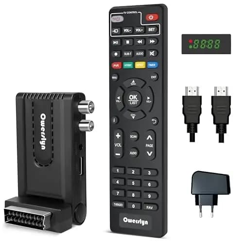 Sintonizador TDT HD 2026, OWERSLYN Decodificador TDT HD DVB-T2/C para TV Antigua, HDMI CEC, 1080P H.265 HEVC 10 bit, con Salida HDMI/SCART y USB Mediaplayer, Función PVR, Control Remoto IR 2 en 1