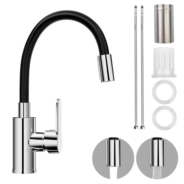 Grifo de Cocina Flexible, Grifos de Fregadero Giratorio 360°, Grifo Cocina Negro con Caño Flexible, Griferia Monomando Cromo con 2 Modos, Mezclador de Fregadero, para Agua Caliete y Fría
