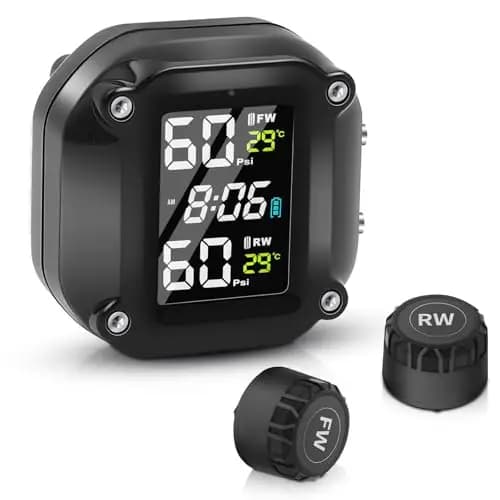 TPMS Motocicleta Sistema de Monitoreo de Presión de Neumáticos, Carga USB Magnética, 5 Funciones de Alarma, Diseño Impermeable IP67, con 2 Sensores Externos Pantalla LCD