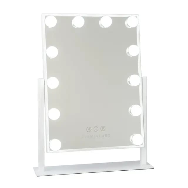 Flamingueo Espejo Maquillaje con Luz - 12 LED - 3 Modos de Luz - Intensidad Ajustable - Control Táctil - Posición Regulable - Espejo con Aumento Incluido - Vanity Mirror - Blanco - 36x47,5x7,5cm