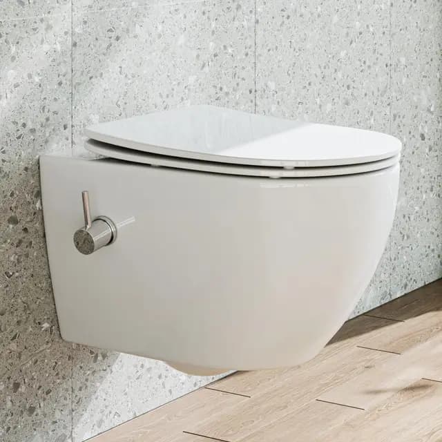 HOROW Inodoro con boquilla integrada, inodoro suspendido con función de bidé, Taharet WC con nanorrevestimiento, inodoro con grifo, asiento de inodoro con descenso automático, agua fría, 53 x 36 x 35