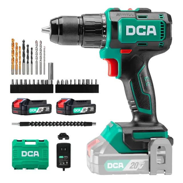 DCA Taladro Percutor Inalámbrico Brushless 20V, 55Nm de Par Máximo, Mandril Todo Metal de 13mm, 18+2 Configuraciones de Par (0-450/1800RPM), Diseño Compacto con 2*Batería de 2.0Ah y Cargador,ADJZ2055i
