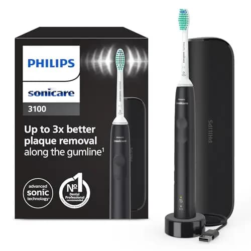 Philips Sonicare 3100, cepillo dental eléctrico, sónico, sensor de presión y temporizador, estuche de viaje, negro, HX3673/14, Negro