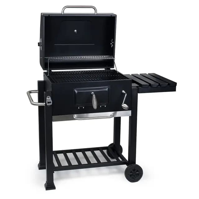 Wiltec Barbacoa carbon vegetal móvil con tapa, estante, trampilla, altura de brasas regulable, termómetro, grill asador parrilla BBQ