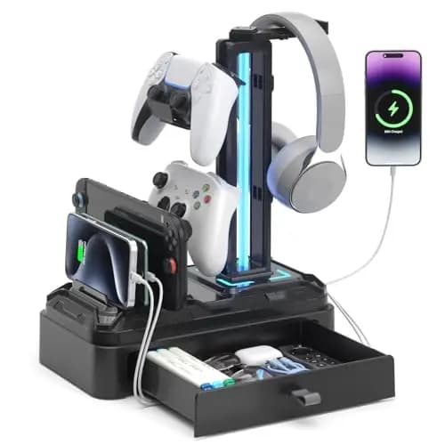 KDD Soporte Auriculares Gaming con Cargadores USB A Tip C, Soporte Cascos Gaming & Soporte Mandos PS5 Extraíble con Cajón para Móviles Tabletas para Escritorio Gamer Accesorios Gaming PC