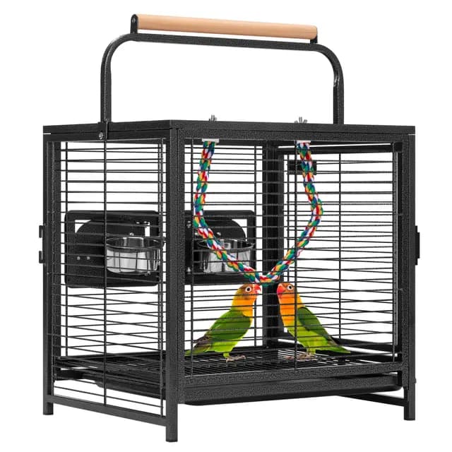 VIVOHOME Jaula para Pájaros de Hierro Forjado, 48cm, con 2 Comederos, Bandeja Extraíble y Cuerda de Colores, para Loros, Conures, Cotorritas, Cacatúas, Periquitos, Negro