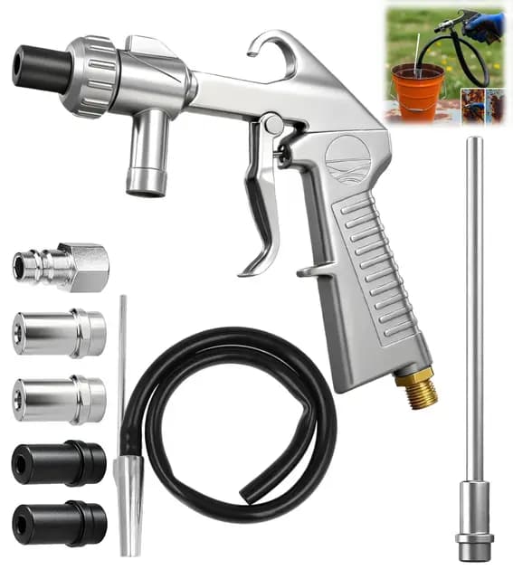 Juego de pistola chorro de arena con boquilla larga, calibre 5 mm/6 mm, transportador de succión, manguera de goma de 1 m, conexión de entrada de aire, desengrasante y agente de limpieza