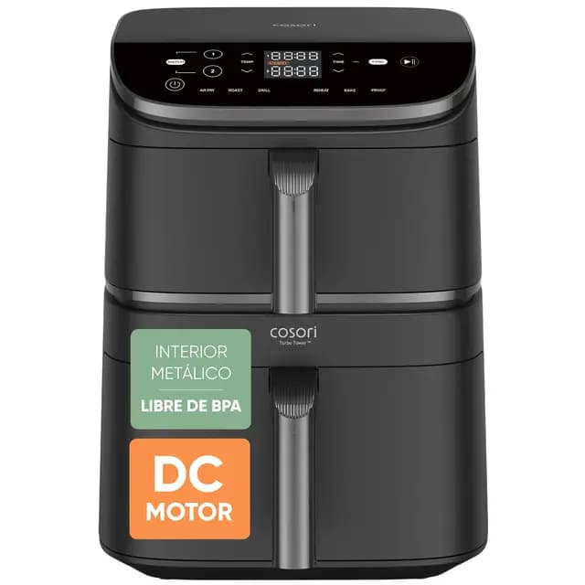 Cosori Air Fryer Turbo Tower Grande 10,8 Litros, Freidora de Aire con Doble Cesta Vertical para Ahorrar Espacio, Airfryer de Turbo Blaze, Multifunción 6 en 1, Recetas en App, Fácil de Limpiar, 2630W