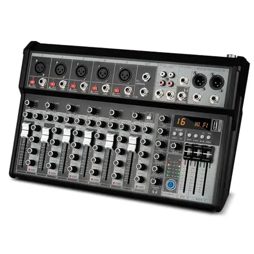 Mezclador de Audio Profesional, 7 Canales, Consola de Mezcla con Interfaz de Sonido, DSP 16-Bit, Bluetooth, Efecto Phantom +48V para Karaoke, Estudio y Grabación