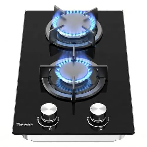 TOPWISH placa de gas butano, placa de gas 2 fuegos, NG/LPG convertible, válvulas de seguridad, encendido automático, 30cm, 4750W
