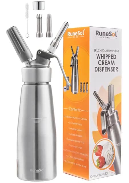 Runesol Sifón de Cocina Profesional Aluminio 500ml, Sin Fugas, 3 Boquillas de Acero Inoxidable, Sifon Cocina para Espumas, Facil de Usar Sifones de Cocina para Postres y Nata Montar, Siphon de Espuma