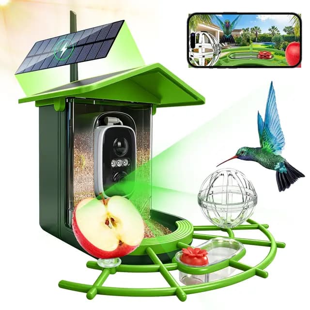 Roadtime Pajarera con cámara de calidad de imagen de 4 MP, alimentador de pájaros alimentado por energía solar, IA identifica más de 11.000 tipos de aves, cámara IP65 con visión nocturna a todo color