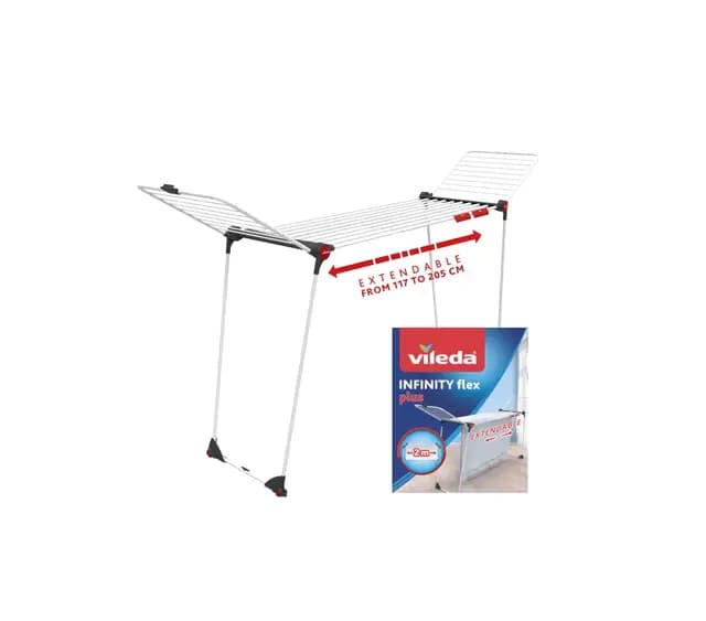 Vileda Infinity Flex, tendedero Grande y Extensible hasta 30 m, Acero y Aluminio, alas Altas, ya montado, con Ruedas