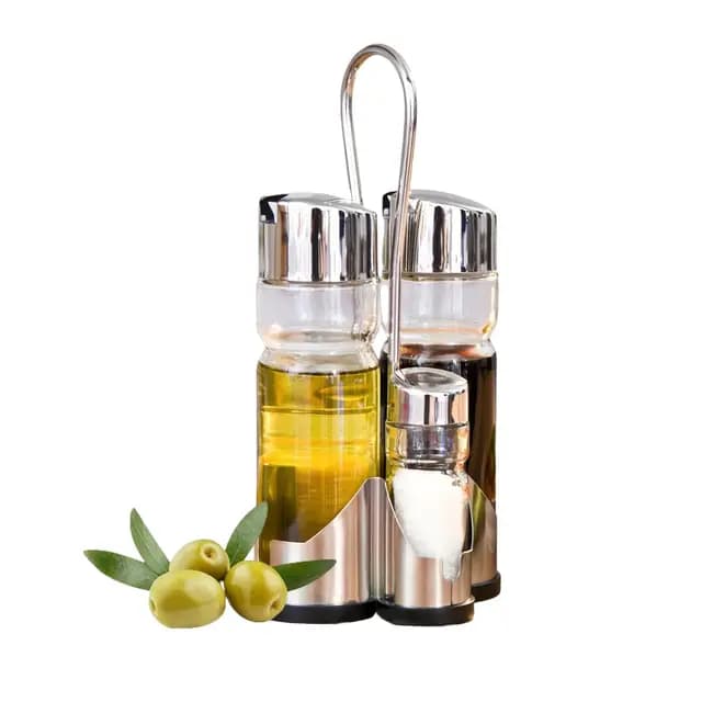 DAMDAM GO Juego de Aceitera y Vinagrera, Vidrio, Inoxidable, Set de Aceite y Vinagre Para Mesa Con Soporte, Color Acero y Transparente