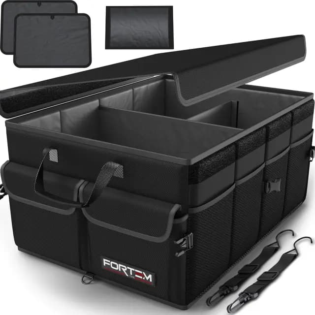 FORTEM Organizador Maletero Coche - Caja Maletero Coche Plegable con Base Antideslizante y Correas Ajustables - Bolsa Organizador con Compartimentos y Tapa con Tela Oxford 600D - Accesorios Coche 50L