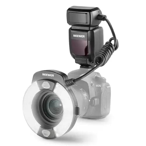 NEEWER RF1-C Flash Anular Macro Compatible con Canon, 76Ws GN15 5600K E-TTL Speedlight Potencia 1/1 a 1/128, Sync a la Primera y Segunda Cortinilla, Gel Color y Adaptadores ObjetivosFotografía Macro