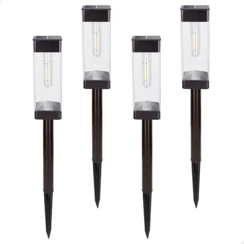 AKTIVE Set 4 balizas solares LED 6 lúmenes, Iluminación exterior para jardín y caminos, Luz cálida, Con estaca, Carga solar, Botón ON/OFF, IP44, Autonomía 8h, Instalación sin cables (61575)