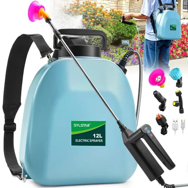 SYLSTAR Pulverizador Electrico 12L, 3 Velocidades Sulfatadora Bateria Recargable con 5 Boquillas Niebla, 7.4V Pulverizador Bateria, Mochila Pulverizadora para Jardín Huerto Riego