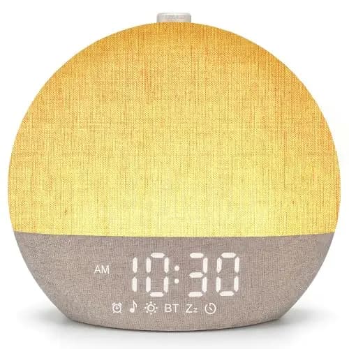 Despertador de Simulación de Amanecer con Luz Natural 17 Tipos de Iluminación, 30 Sonidos Relajantes, Asistencia para el Sueño, Bluetooth y Función de Alarma con Posposición