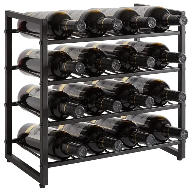 IBUYKE Botellero De Metal Apilable,4 Niveles 16 Botellas,Botellero Vino Estilo Industrial, Organizador De Vino Presentación para Bodega, Sala De Estar Y Cocina,Negro TMJ903H