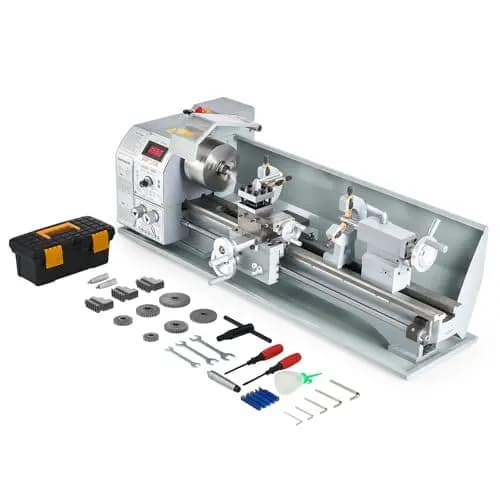 CREWORKS 1100W Mini Torno de Metal de Bancada 220x600mm 9"x24" de Alta Precisión con Portabrocas de 3 Mordazas y Velocidad de Husillo Máx. 3000 RPM Pantalla LCD para Roscado, Torneado, Taladrado