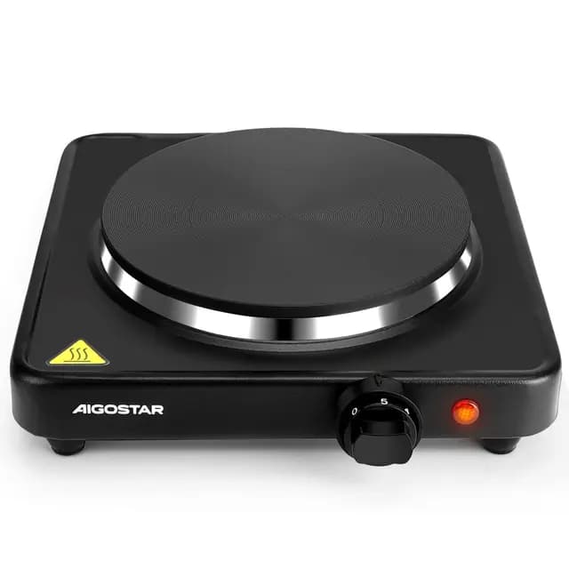 Aigostar Hornillo Eléctrico 1500W, Placa de Hierro Fundido 18cm, 5 Niveles de Temperatura, Cocina Eléctrica Portátil, Fácil de Usar, Calentamiento Rápido, Ideal para cocinas pequeñas y camping, Negro
