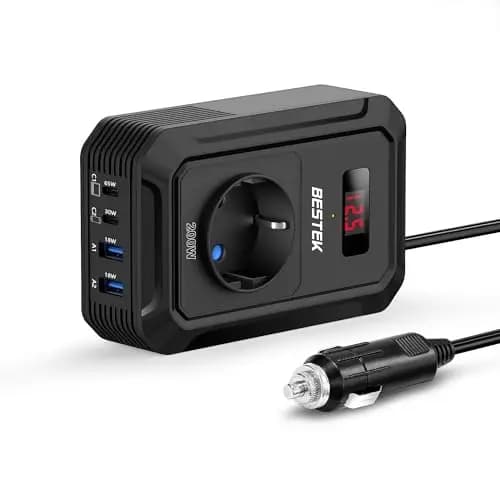 BESTEK Inversor 12v 220v Onda Pura 200W,Transformador 12V a 220V Convertidor Onda con 2 AC Tomas Y 2 USB-C (65 W y 30 W) 2 USB-QC (18 W) sinusoidal con Protección para Barco,Caravana,Coche(Negro)