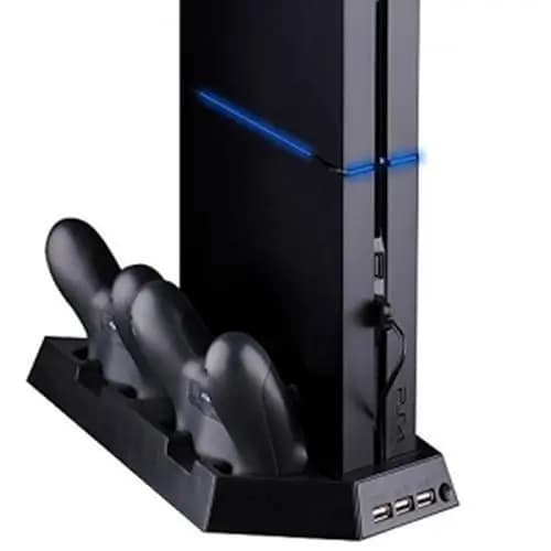 SATKIT Soporte Vertical 4 en 1 para Consola con Ventilador de Refrigeración Hub USB 3 Puertos y Cargador para 2 Mandos