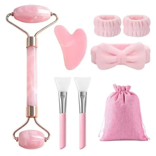 flintronic 8 en 1 Gua Sha Facial Rodillo de Jade, Juego de Rodillo Cara Masaje y Piedra Gua Sha, Masajeador Facial Jade, Rodillo Facial Masaje,Guasha Piedra,Diadema,Cepillo Mascarilla Silicona,Bolsa