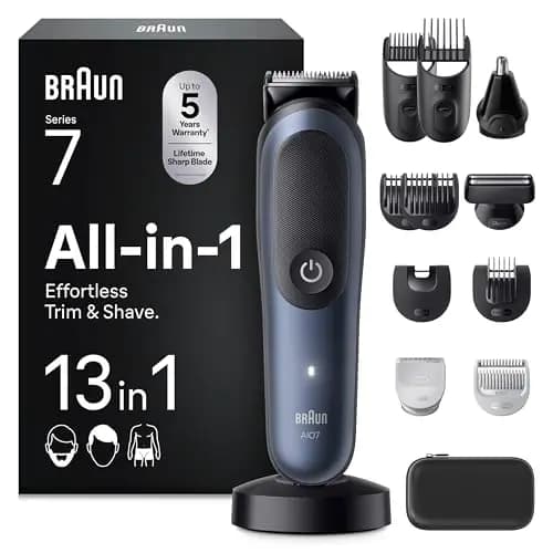 Braun Recortadora Todo en Uno Series 7 AIO7565, Azul - Kit de Styling 13en1 para Barba, Pelo, Orejas, Nariz Y Cuerpo, 14 Longitudes, 120 Min de Autonomía, Cortapelos Hombre con Lámina Ultra Afilada