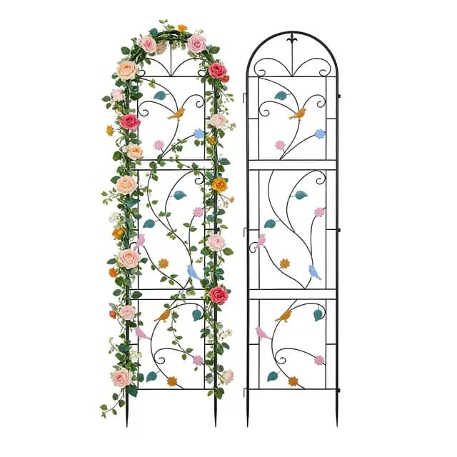 UNHO Juego de 2 Enrejado para Plantas Trepadoras - 97.5x214cm Celosías de Jardín de Metal con Forma de Arco, Pájaros y Flores Decorativas para Patio, Césped, Jardín