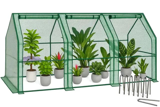VOUNOT Invernadero de Jardín Mini 270x90x90 cm, con Techo en Punta y 3 Ventanas Enrollables con Cremallera, Cubierta PE Reforzada de 135g/m², para Semilleros, Plantas, Flores y Verduras, Verde