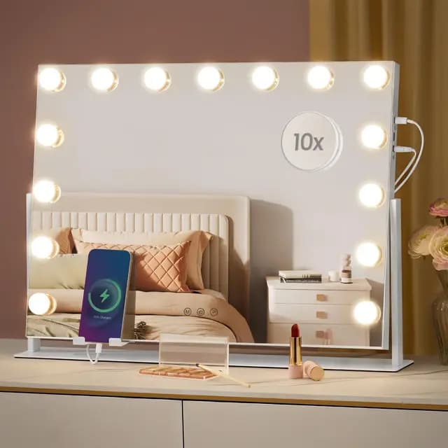 SONGMICS Espejo de Maquillaje con Luz, Control Táctil, 18 Bombillas LED Regulables, Puertos de Carga, 3 Temperaturas Color, Soporte Teléfono, 80 x 60 cm, Blanco Mate LWM001W02