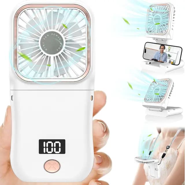 DDKJ Ventilador de Mano Recargable,Plegable 180° Ajustable,3 Velocidades,7 Horas,Pantalla Digital,Mini Ventilador Portatil para Viajes/Oficina/Actividades al Aire Libre-Blanco