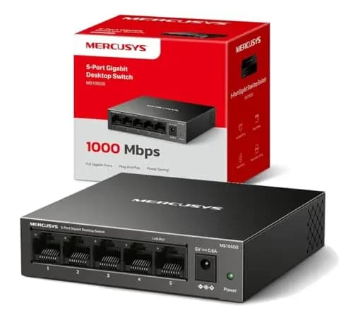 Mercusys MS105GS-Switch Ethernet Gigabit de 5 Puertos RJ45, Carcasa Metálica Resistente, Plug & Play, Sin Configuración, Bajo Consumo, Silencioso, Hub Ethernet, Ideal para Hogar, Oficina y Smart TV
