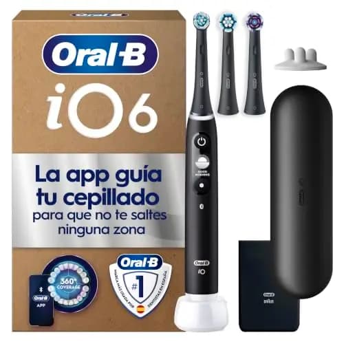 Oral-B iO 6 Cepillo de Dientes Eléctrico, con 3 Cabezales, Negro - Cepillo Dental con Sensor de Presión, 5 Modos de Cepillado con Blanqueamiento Dental, 1 Estuche de Viaje, Batería de Larga Duración