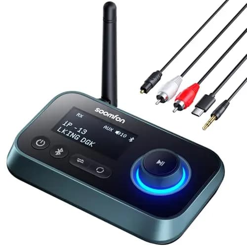 SOOMFON Transmisor Receptor Bluetooth 5.3, 3 en 1 Adaptador Audio con Pantalla LCD, Emisor Receptor Bluetooth para TV, Auriculares, Altavoces, Emisor Adaptador con Aux 3.5mm, RCA, Cable Óptico