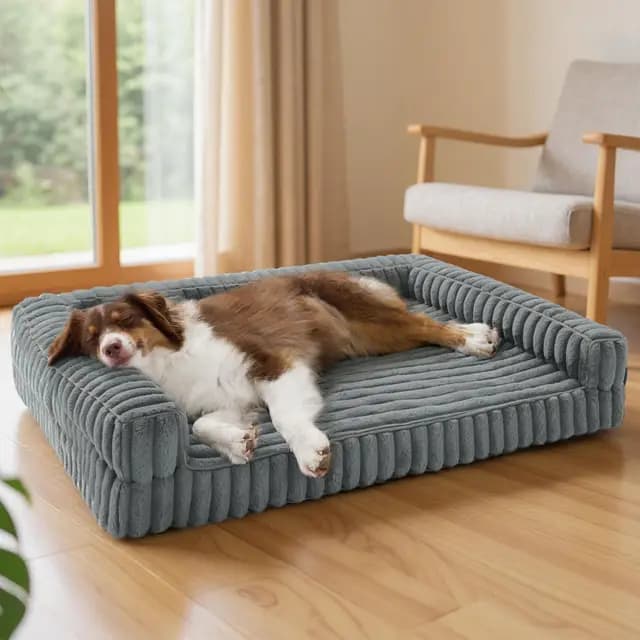 Bedsure Cama Perro Ortopédica Grande - 89x64x18cm Camas para Perros Tipo Sofá con Espuma Viscoelástica y Bordes, Impermeable, Base Antideslizante, Funda de Pana Extraíble y Lavable, Gris