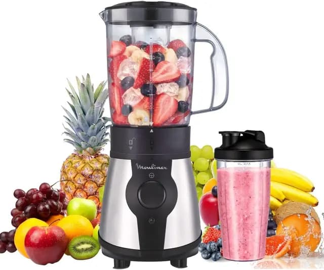 Moulinex Blend & Go, Batidora de vaso de 300 W, Jarra de 1,3 L, Compacta, 4 cuchillas extraíbles, Acabado acero inoxidable, Piezas aptas para lavavajillas, Botella de plástico de 750 ml, LM1B1D10
