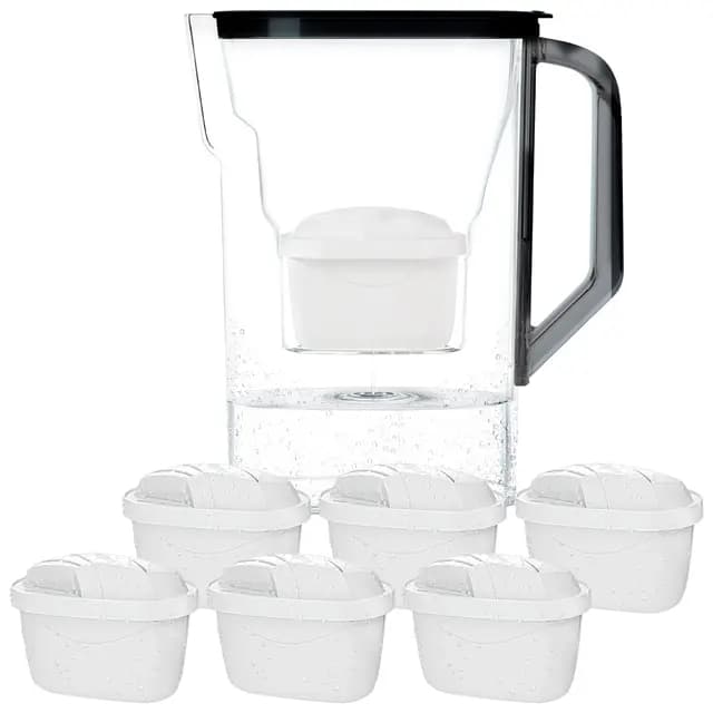 Wessper Jarra Filtradora Agua con Filtros, Jarra para Puerta de Frigorífico de 2,7 Litros, Filtro con Carbón Activo y Resina de Intercambio Iónico, Jarra y Juego de 6 Cartuchos - Negro