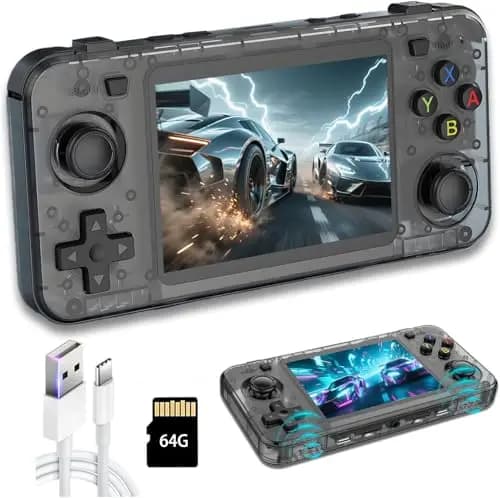 Nueva consola de juegos portátil R36H retro, consola de videojuegos con pantalla IPS de 3,5 pulgadas, tarjeta de 64 GB integrada y 15.000 juegos, sistema Linux de código abierto (Negro, 64 GB)