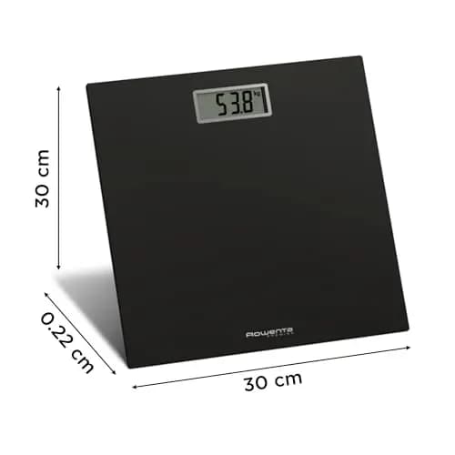 Rowenta Premiss - Báscula de baño con Pantalla LCD, diseño fino de 2cm de alto, hasta 150 kg y 100 gr precisión, encendido y apagado automático, Negro BS1400
