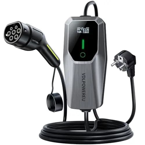 Cargador Coche Electrico, Cargador de Vehículo Eléctrico de 3,68 Kw / 6-16A Tipo 2 con Enchufe Schuko, 5m Cable de Carga de Vehículo Eléctrico con Pantalla Digita, IEC 62196-2, IP65