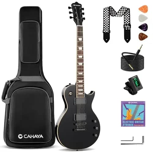 CAHAYA Guitarra Eléctrica LP 39": Kit para Principiantes, Cuerpo de Okoumé, Mástil de Arce, 2 Pastillas Humbucker, con Funda, Correa y Cable, Negro
